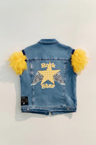 Gilet en jean bleu sans manches Rock Star avec plumes jaunes femme