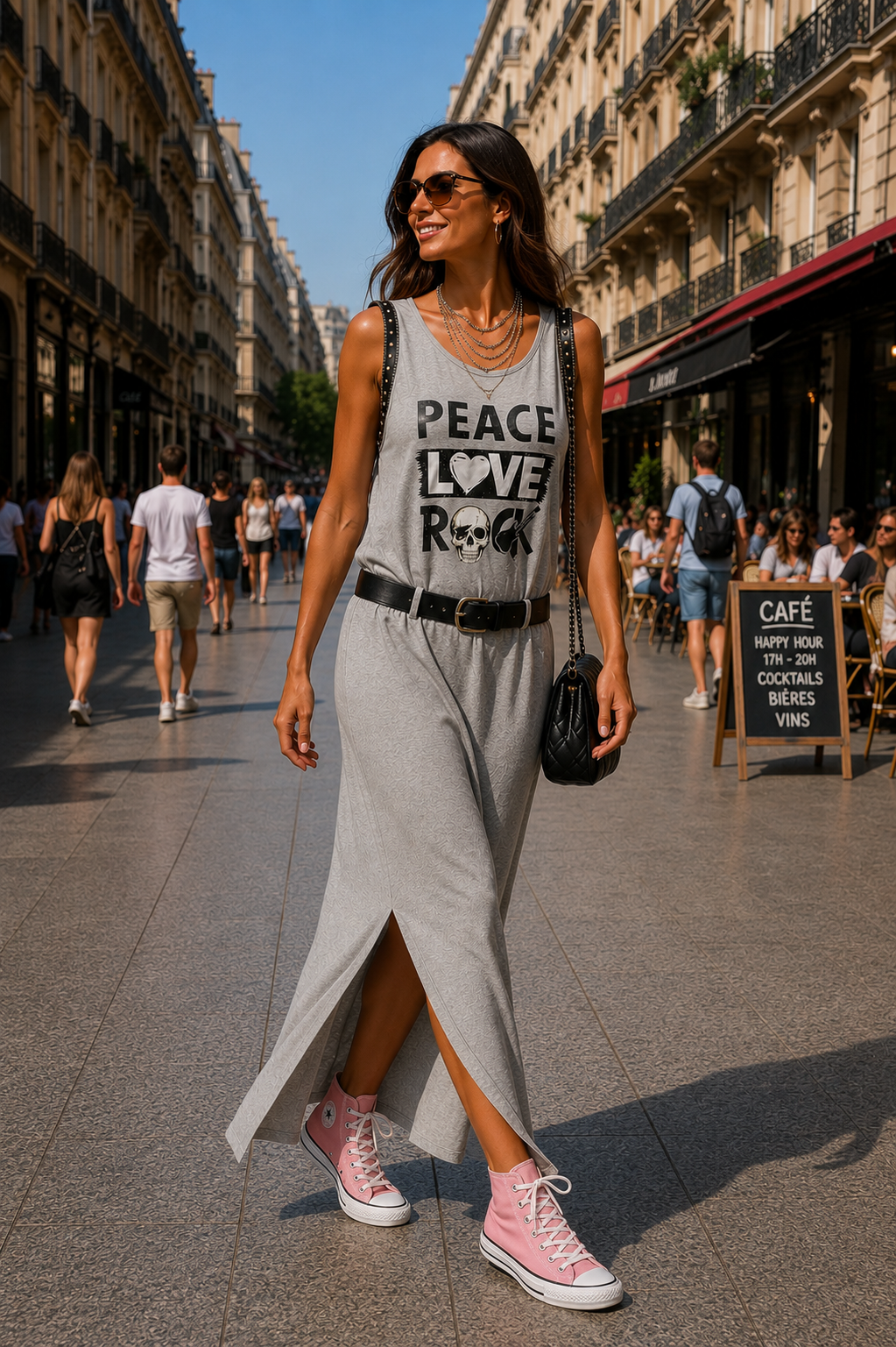 Robe Longue Grise Imprimee Rock avec Clous Metalliques