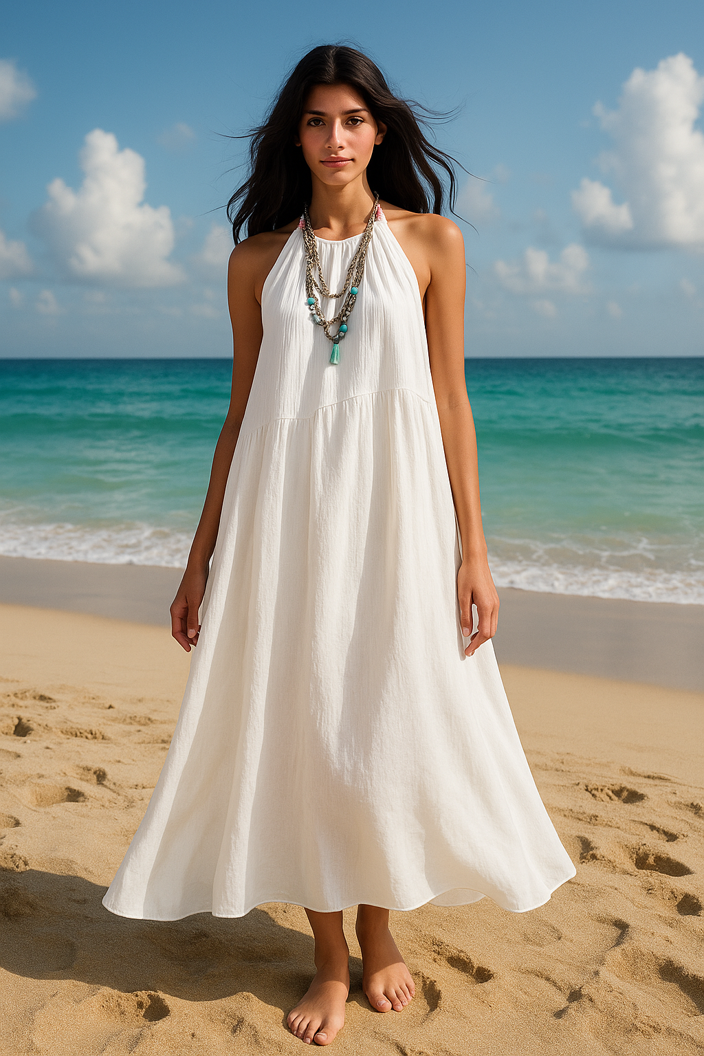 Robe longue à col licou et coutures apparentes en crème