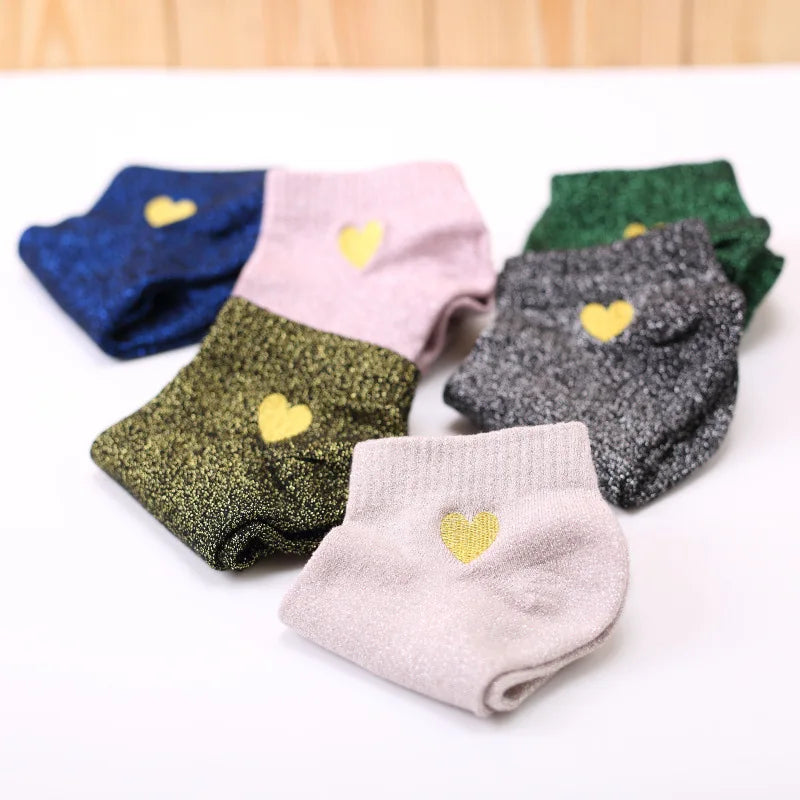 Embroidered Love Heart Glitter Socks for Women, Shiny Socks, Gold, Silver, Colorful, Shining, Fashion, Funny 