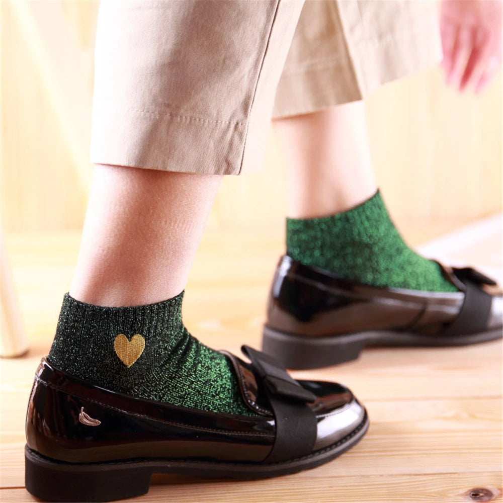 Embroidered Love Heart Glitter Socks for Women, Shiny Socks, Gold, Silver, Colorful, Shining, Fashion, Funny 