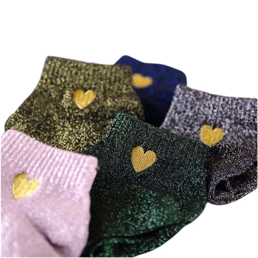 Embroidered Love Heart Glitter Socks for Women, Shiny Socks, Gold, Silver, Colorful, Shining, Fashion, Funny 