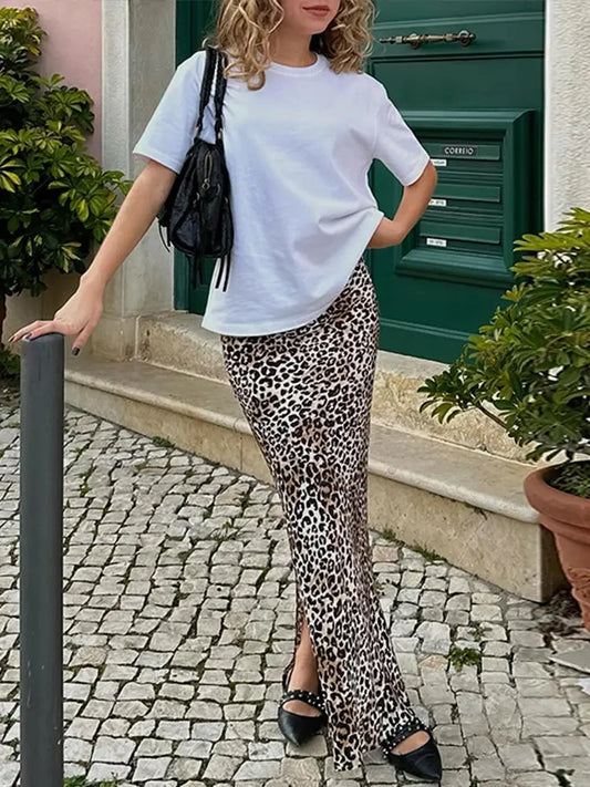 Fashion Chiffon Leopard Split Skirt Women Vintage High Waist Straight Hip Package Skirts 2024 Summer Chic Office Lady Streetwear 