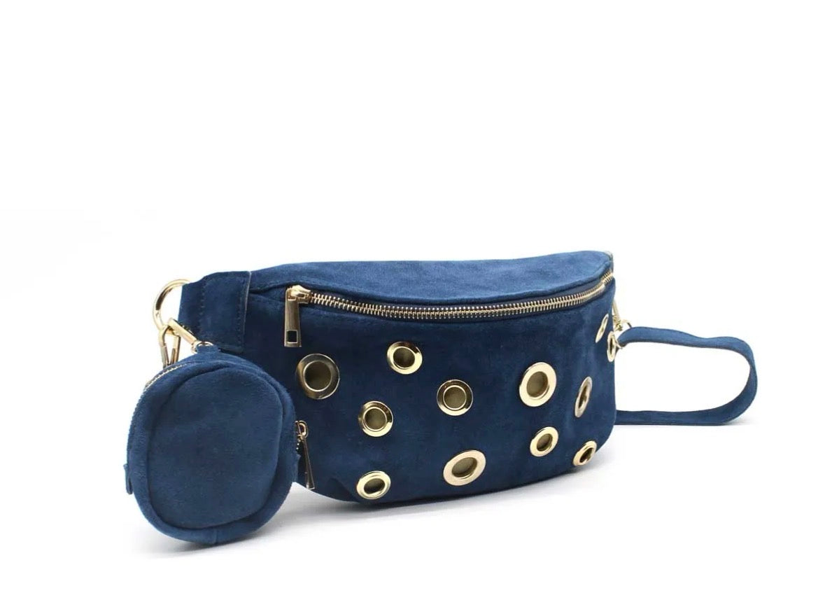 Sac banane en cuir avec oeillets dores et porte-monnaie assorti