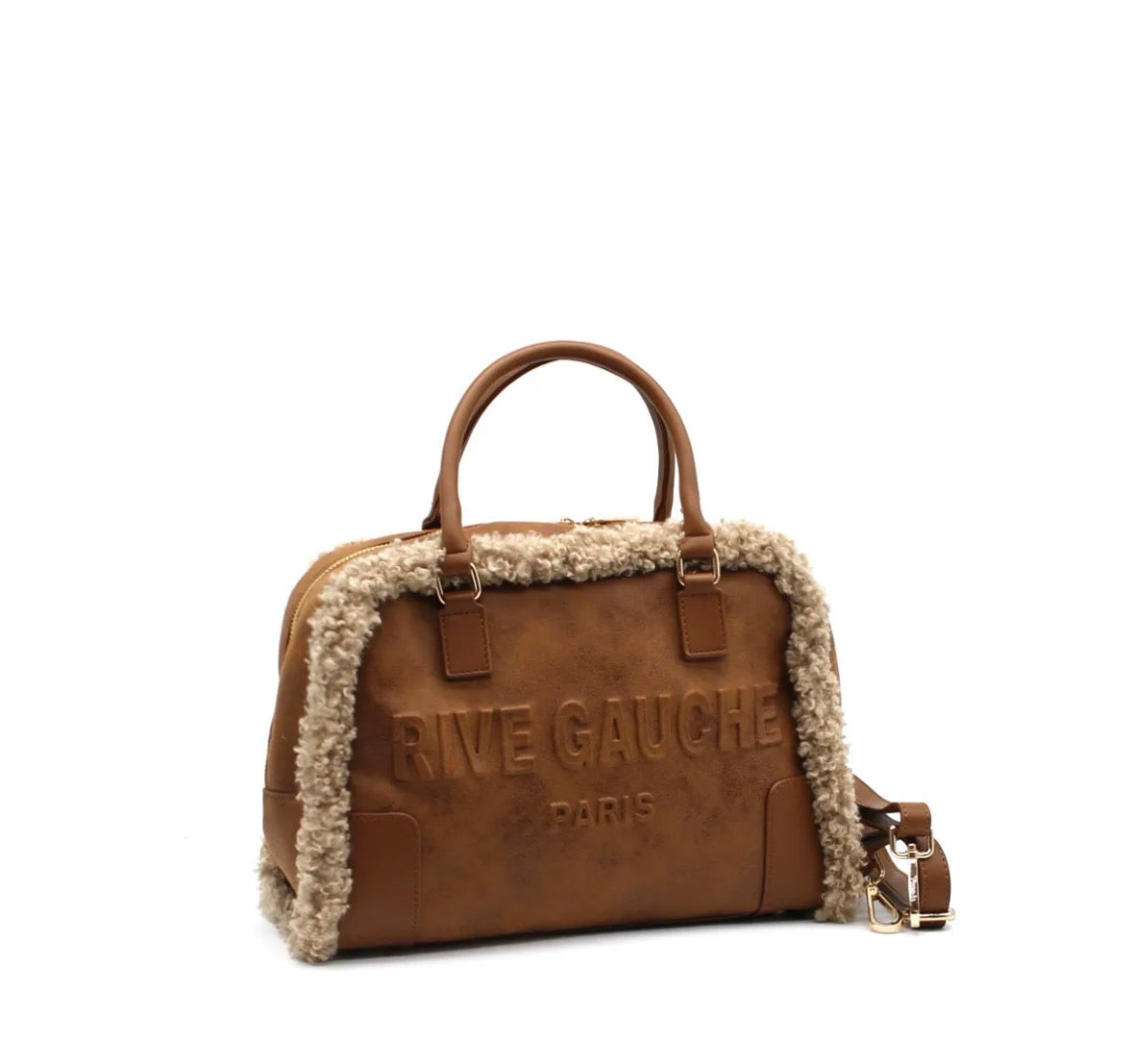 Sac bowling camel effet cuir avec finitions moumoute femme2