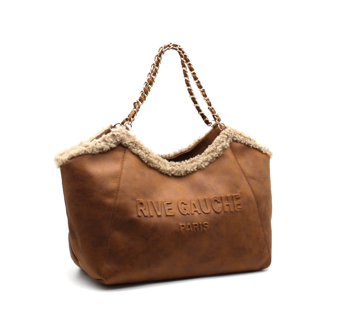 Sac cabas camel effet cuir avec anse chaine et finition moumoute2