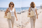 Sac femme paille tresse anse chaine et details cuir camel