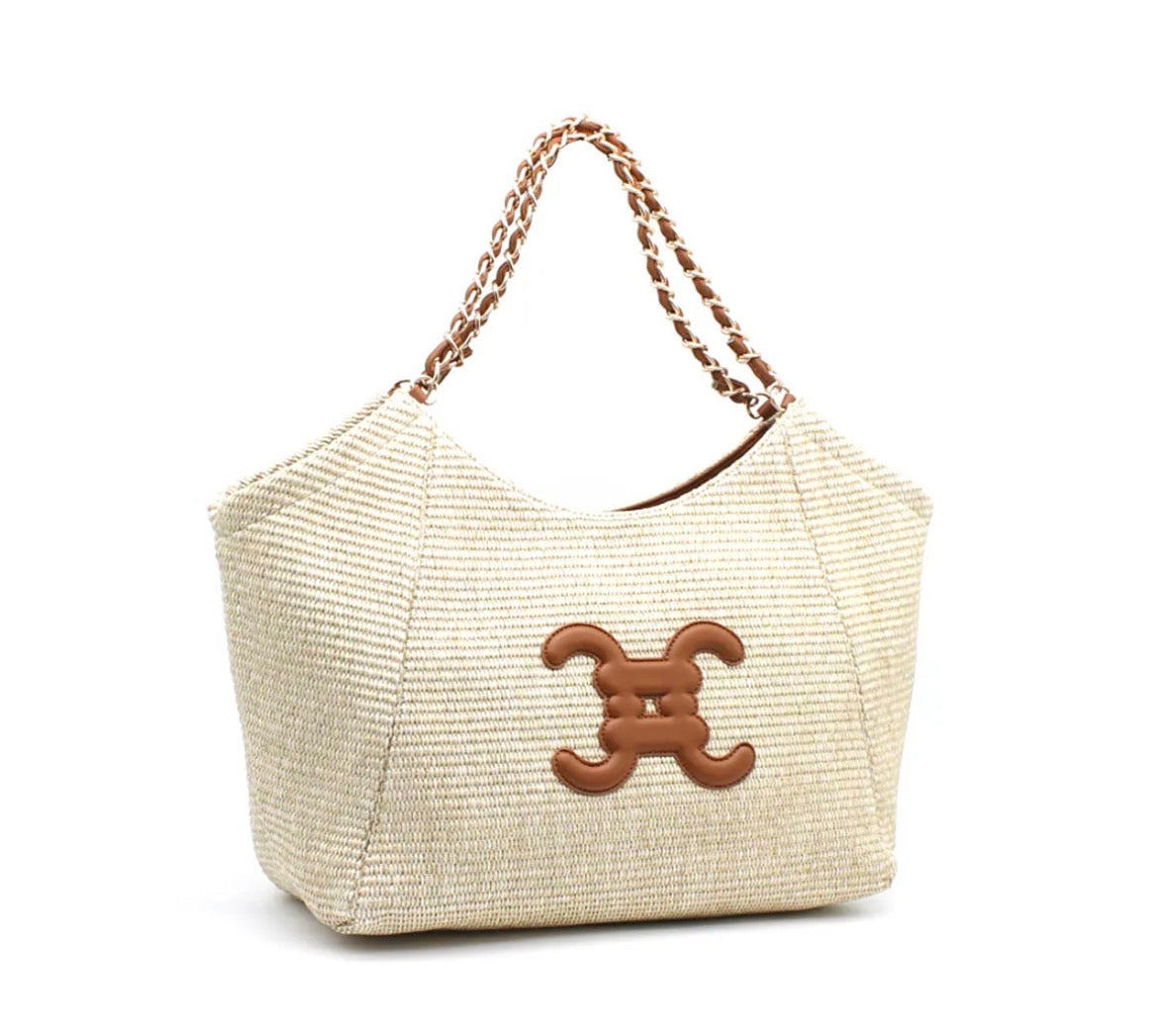 Sac femme paille tresse anse chaine et details cuir camel
