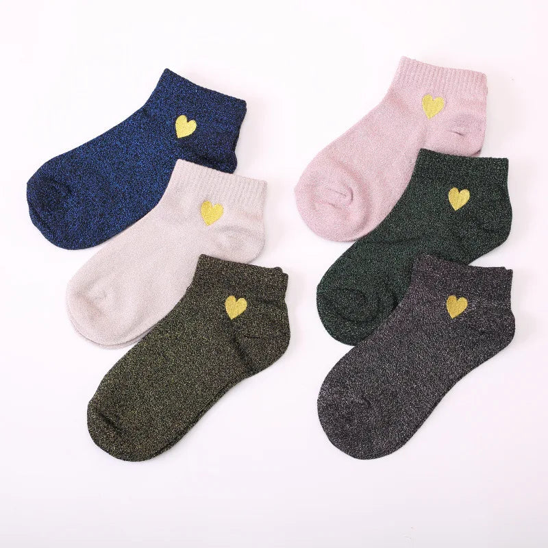 Embroidered Love Heart Glitter Socks for Women, Shiny Socks, Gold, Silver, Colorful, Shining, Fashion, Funny 