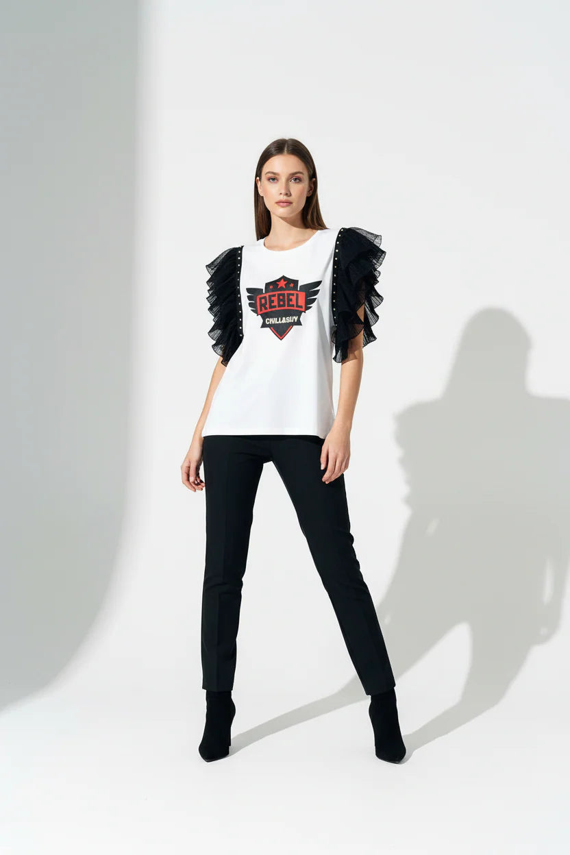 T shirt femme blanc avec volants tulle et motif rebel contraste