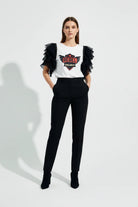T shirt femme blanc avec volants tulle et motif rebel contraste
