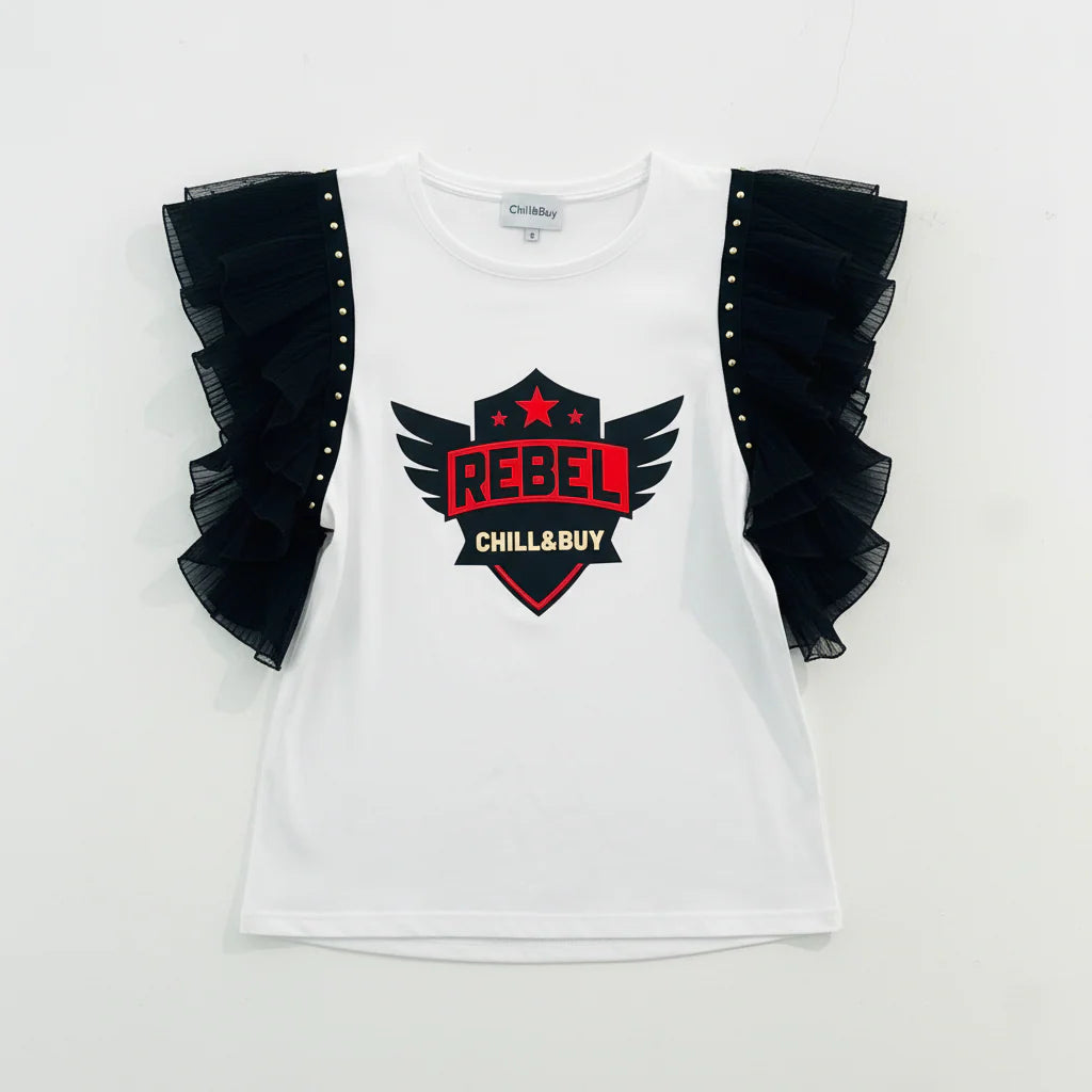 T shirt femme blanc avec volants tulle et motif rebel contraste