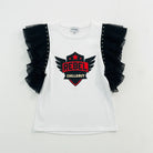 T shirt femme blanc avec volants tulle et motif rebel contraste