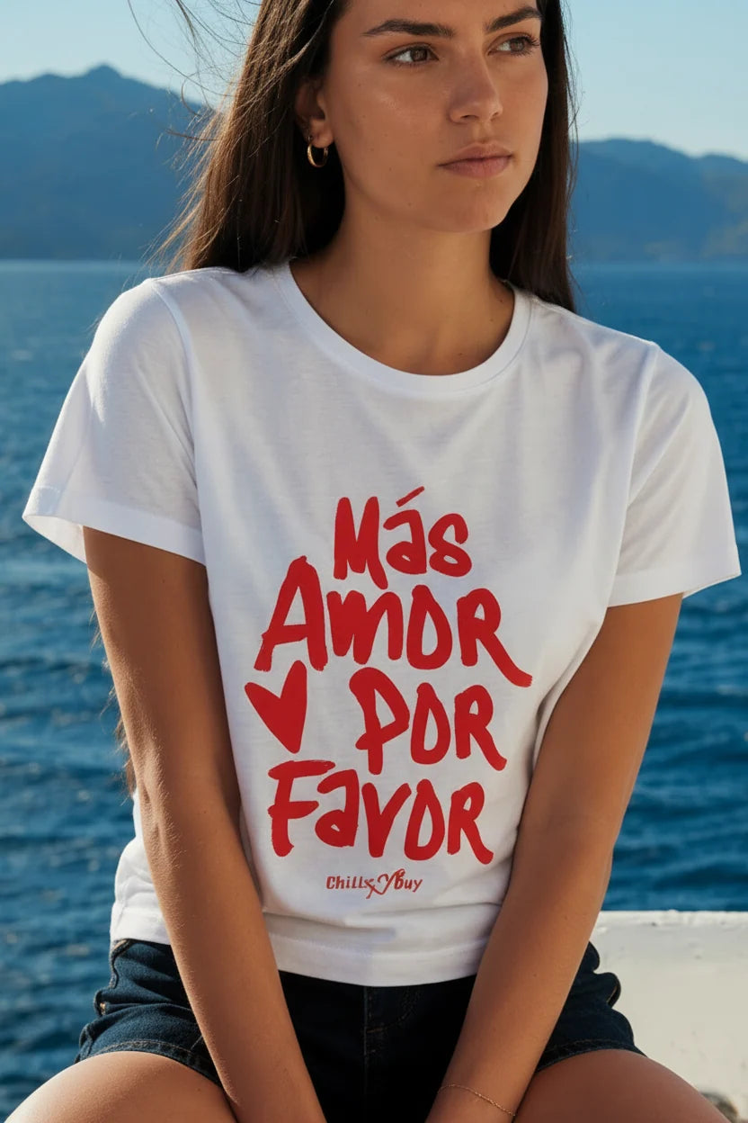 Tee-shirt blanc femme Plus d'Amour rouge en coton