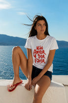 Tee-shirt blanc femme Plus d'Amour rouge en coton