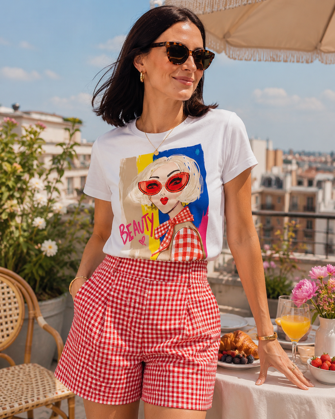 Tee-shirt femme blanc Beauty a imprime colore