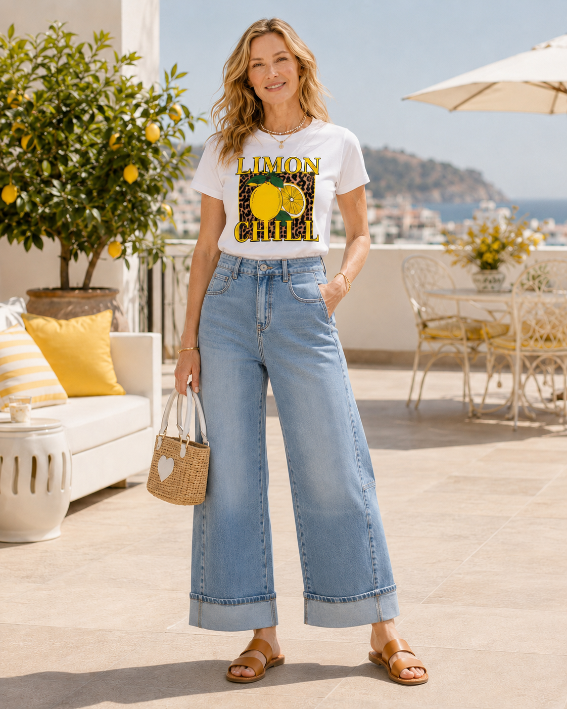 Tee-shirt femme blanc Limon Chill a imprime citron