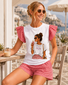 Tee-shirt femme blanc a volants vichy rouge imprimé