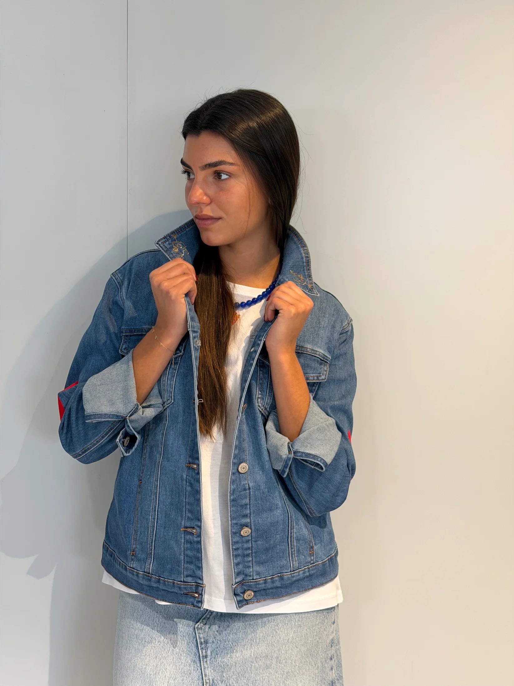 Veste en jean bleu femme broderie coeur dos edition limitee