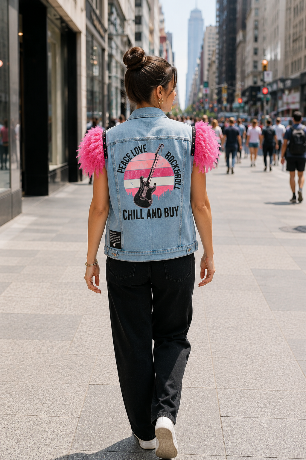 Veste sans manches en jean bleu avec plumes roses et imprimé guitare