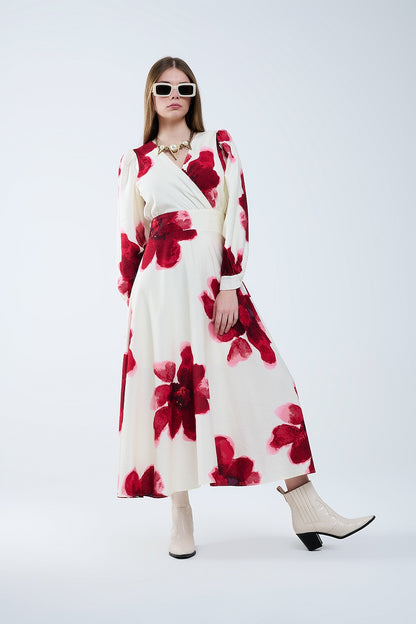 Q2 Beige Wrap Midi Dress With Red Tropical Floral Print and Long Sleeves (Robe midi enveloppante beige avec imprimé floral