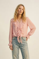 Q2 Blouse à boutons en mousseline à volants et pois dorés en rose clair