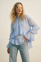 Q2 Blouse Asymétrique à Volants et à Étages en Chiffon Bleu Clair