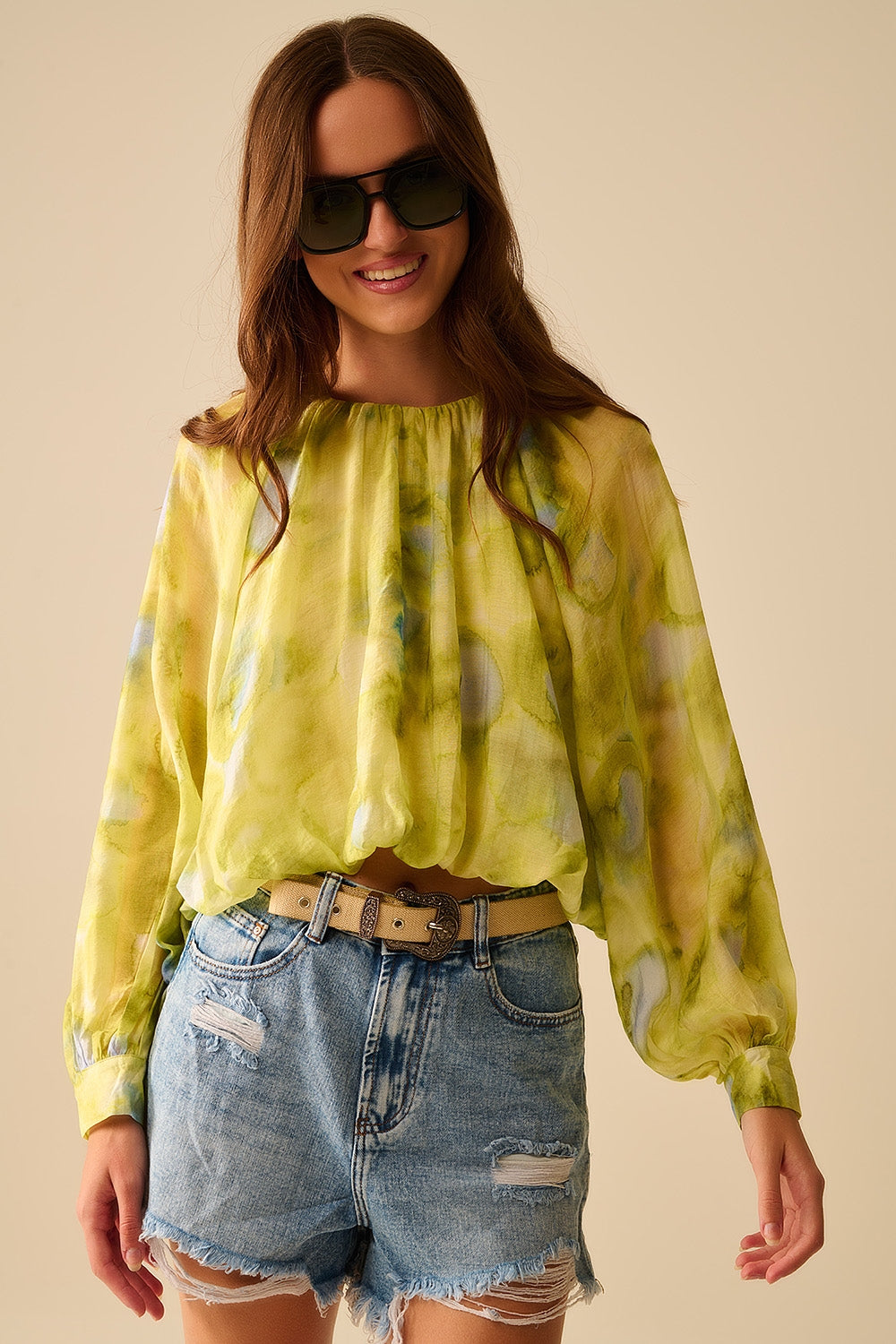Q2 blouse en chiffon imprimé vert avec manches ballon