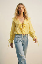 Q2 Blouse Jaune à Manches Longues avec Devant à Volants et Liens