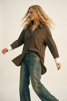 Q2 Brown Striped Long Sleeve Button-Up Shirt Dress