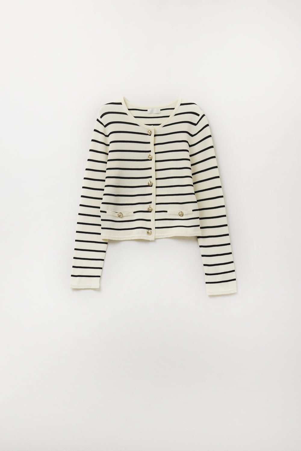 Q2 Cardigan crème à rayures noires et boutons dorés