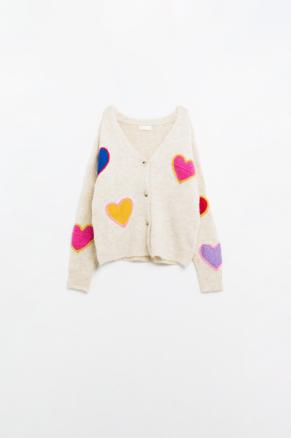 Q2 Cardigan en maille beige avec cœurs brodés