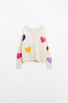 Q2 Cardigan en maille beige avec cœurs brodés
