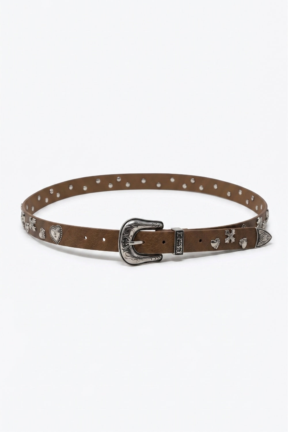 Q2 Ceinture Camel en Similicuir avec Boucle Western et Garniture de Clous Argentés
