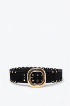Q2 Ceinture noire en similicuir avec boucle dorée et œillets à bord festonné