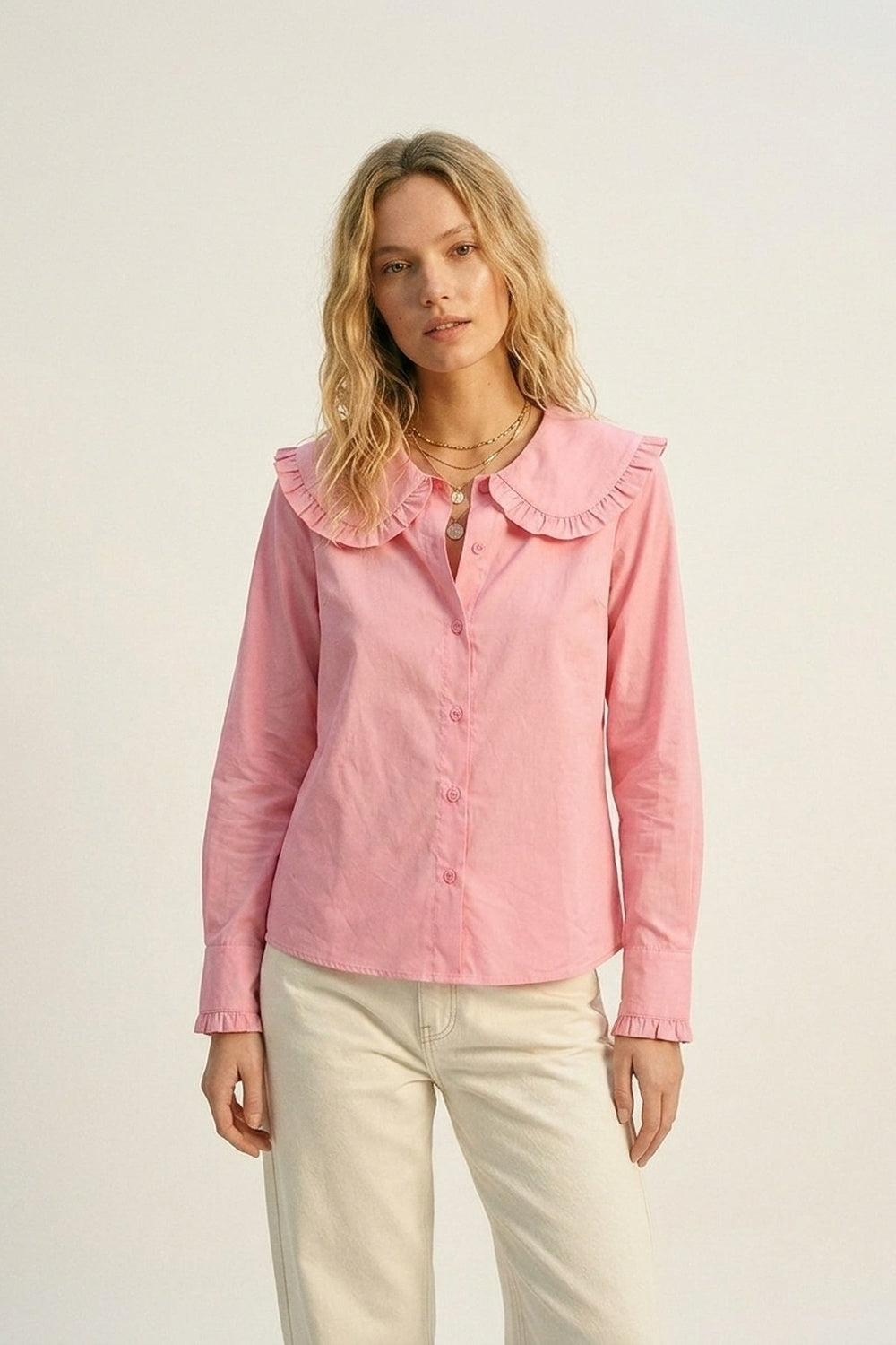 Q2 Chemise à manches longues en popeline de coton rose avec col prairie à volants