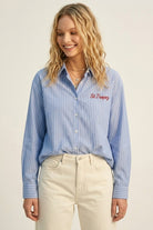 Q2 Chemise boutonnée classique à rayures bleues avec broderie