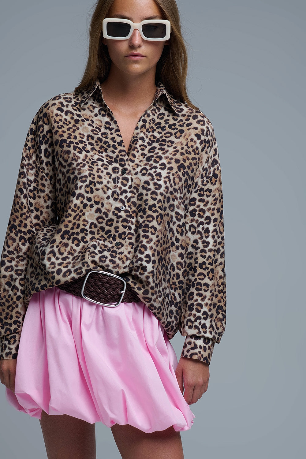 Q2 Chemise boutonnée surdimensionnée à imprimé léopard