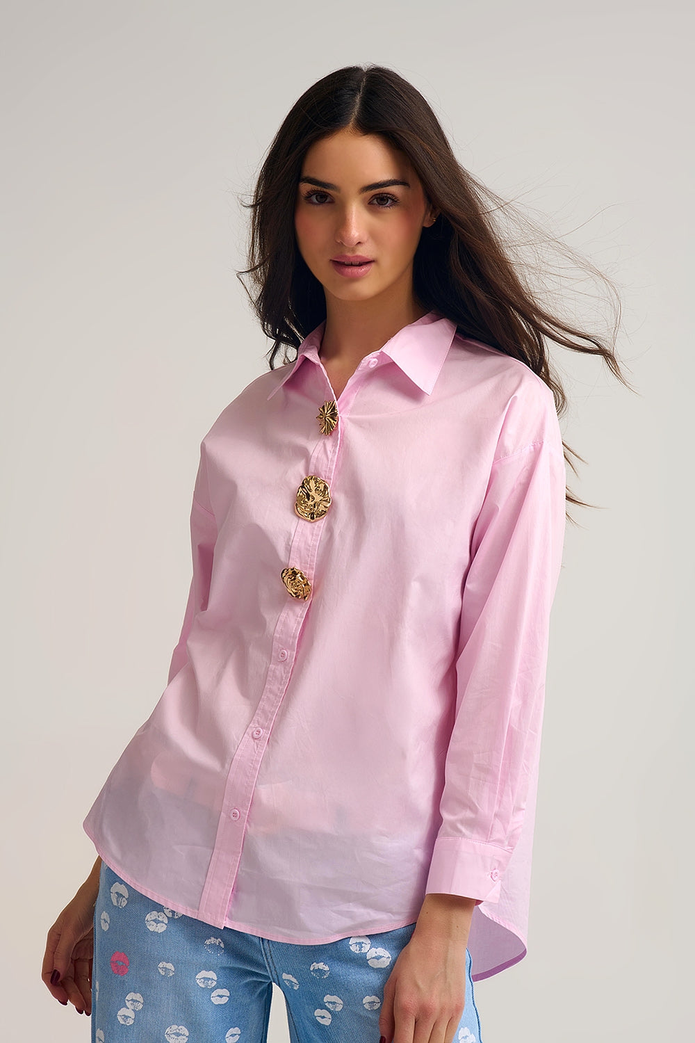 Q2 Chemise décontractée en popeline de coton rose avec boutons dorés