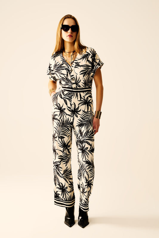 Q2 Combinaison à manches courtes avec motif tropical en noir et blanc