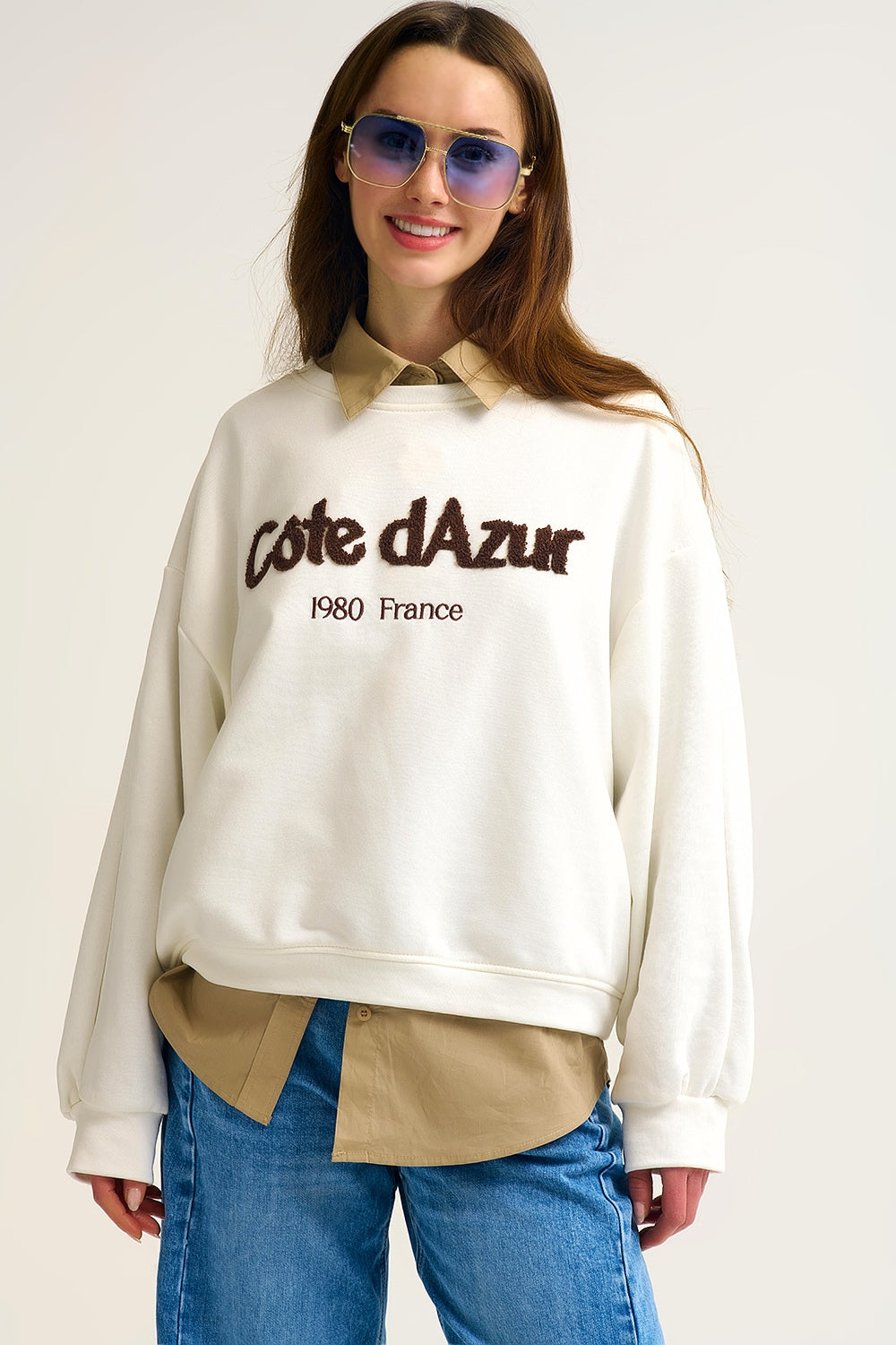 Q2 Côte d'Azur - Sweatshirt crème brodé