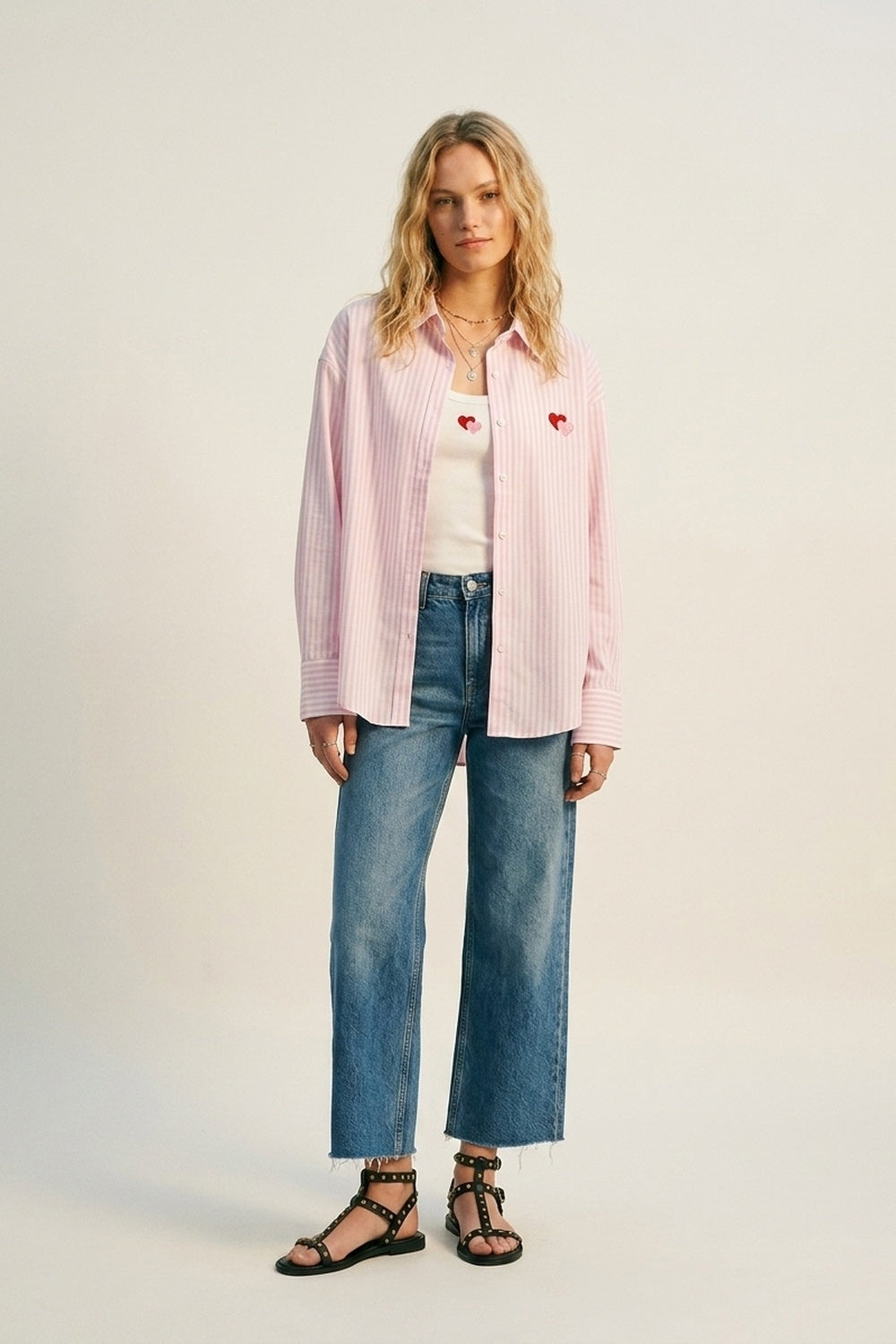 Q2 Ensemble de t-shirt et chemise en coton à rayures roses avec cœur brodé 2 pièces