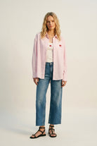 Q2 Ensemble de t-shirt et chemise en coton à rayures roses avec cœur brodé 2 pièces
