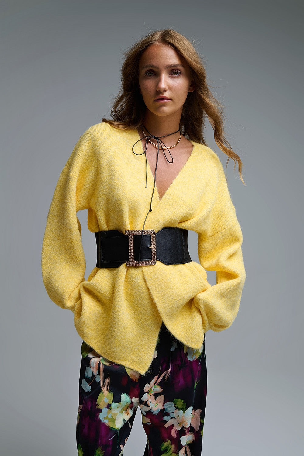 Q2 Gilet Cache-Cœur Tricoté Jaune Élégant
