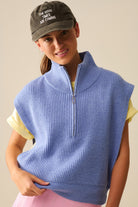 Q2 Gilet Tricoté avec Col Cheminée à Demi-Zip et Grandes Emmanchures en Bleu
