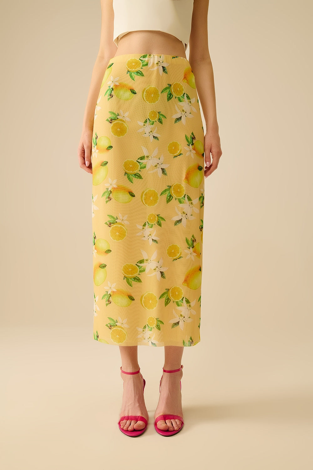 Q2 Jaune Jupe midi ajustée avec imprimé citron en tissu mesh