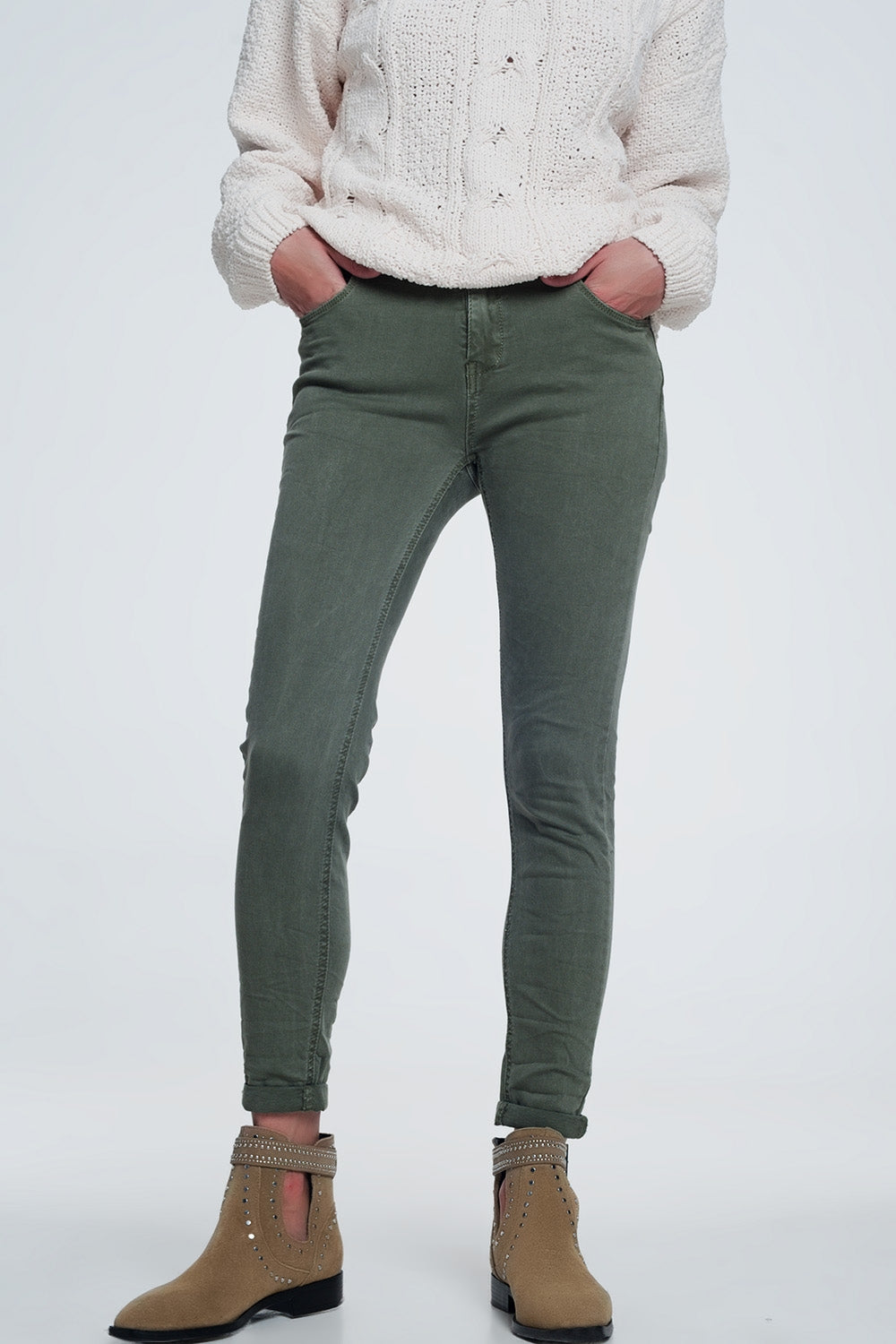 Q2 Jean skinny taille haute en vert