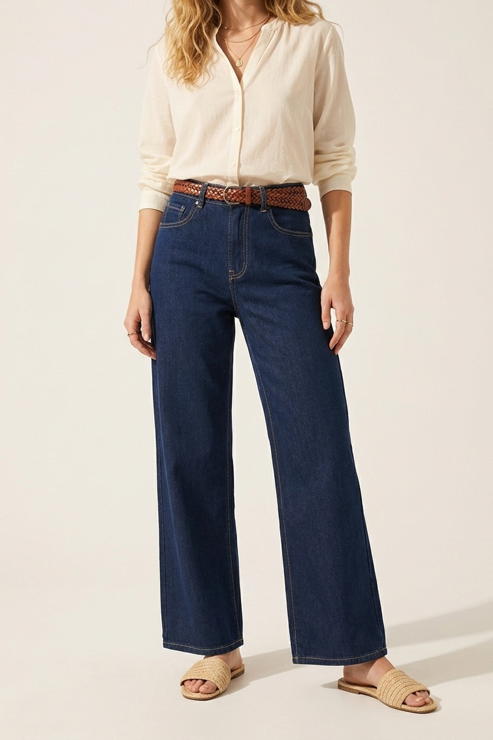 Q2 Jean en denim à jambe large et à taille haute bleu