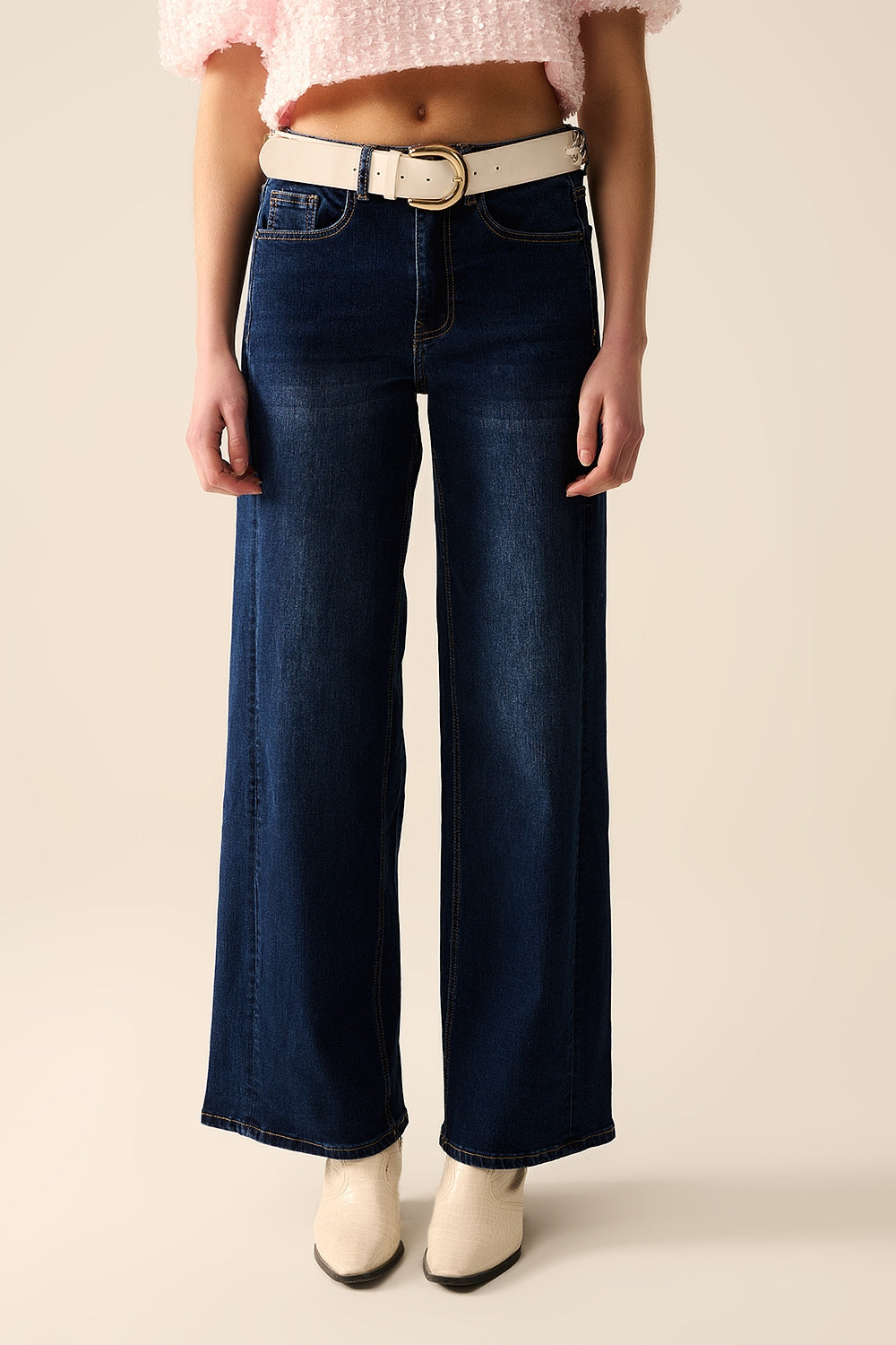 Q2 jeans en denim extensible à jambe large lavés foncés