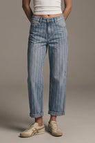 Q2 Jeans mom en denim extensible à rayures en coupe droite de couleur medium wash